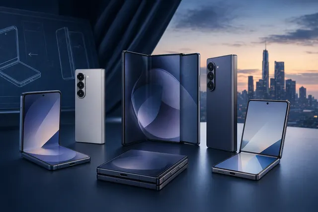 AI-generated illustration of foldable and sliding phones representing Samsung’s rumored 2027 Galaxy Z lineup.