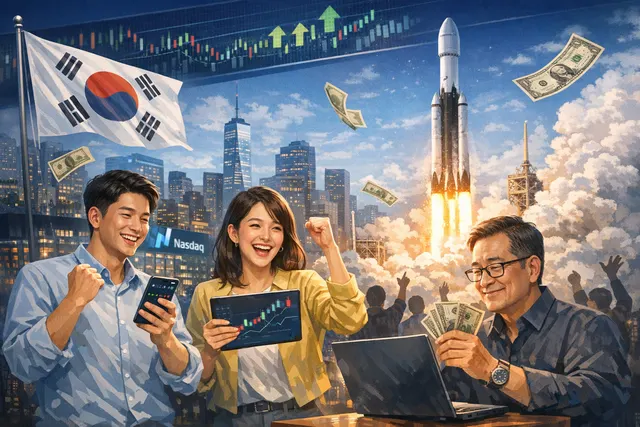 South Korean retail investors rushing to buy SpaceX shares on a crowded digital trading floor with the Nasdaq and SpaceX rocket visuals in the background.