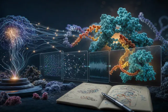 Illustration of AI-assisted analysis of DNA sequence data and repeating genetic arrays