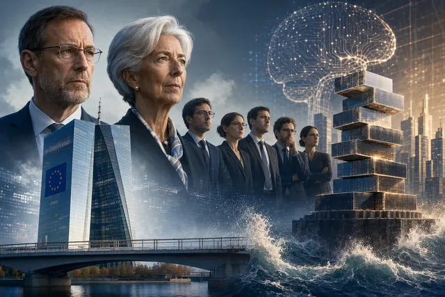 Editorial illustration of the ECB warning about elevated AI-driven technology stock valuations