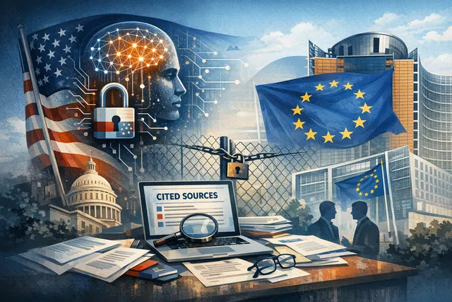 Editorial illustration showing a fractured EU flag with a chain breaking over a stylized map of Europe, symbolizing the EU's push for technological sovereignty after the US blocked