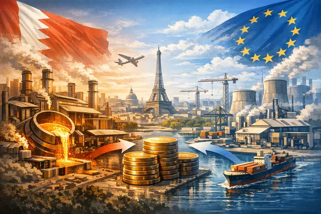 AI-generated editorial image depicting an aluminium smelter industrial complex with a symbolic connection between the Middle East and Europe