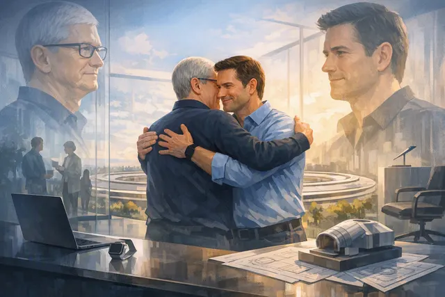 Editorial illustration of Tim Cook and John Ternus representing Apple’s CEO transition