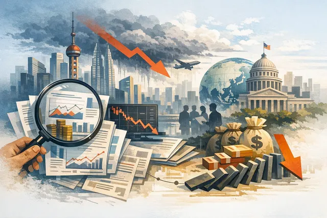 Abstract visualization of financial market data showing declining trend lines and credit spread indicators with Asia-Pacific region highlighted, representing Moody's warning on pri