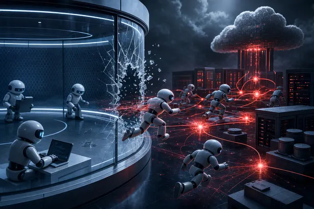Editorial illustration representing an AI agent security incident and sandbox escape