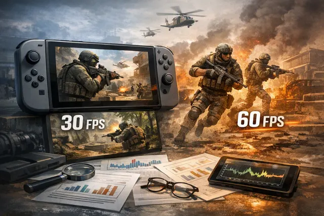 Illustration of Call of Duty Modern Warfare 4 gameplay on a Nintendo Switch 2 beside a PS5, highlighting the console versions' performance and visual differences