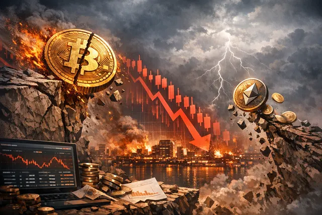 Visual representation of the June 2026 cryptocurrency market crash showing Bitcoin and liquidation data