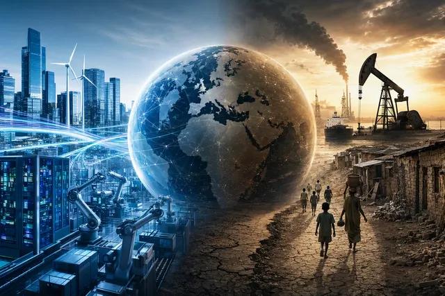 Editorial illustration for the contrast between AI-supported global growth and the energy and debt pressures facing low-income oil-importing countries