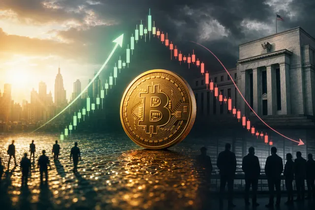 Editorial illustration about Bitcoin price volatility and interest-rate uncertainty