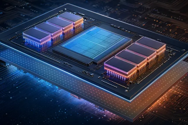 Illustration of a processor package with nearby memory chips, representing a rumored Intel Razor Lake-AX on-package memory design