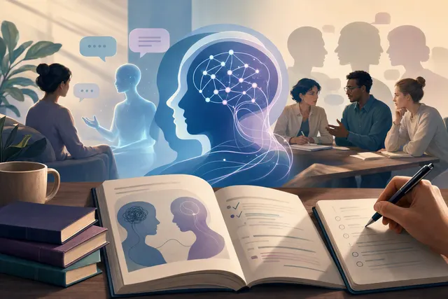 AI-generated editorial illustration accompanying an article about evaluating AI responses to mental-health conversations
