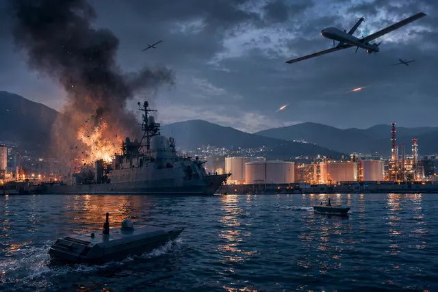Illustration of drones attacking Russia’s Black Sea port of Novorossiysk with warships and oil terminals targeted