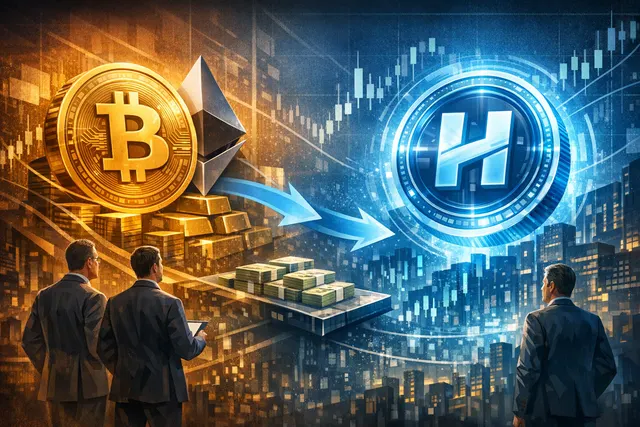 Abstract visualization of institutional capital flowing from Bitcoin and Ethereum toward Hyperliquid's HYPE token, representing the crypto market rotation