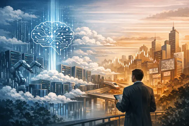 Editorial illustration of Baidu transitioning from search advertising to AI cloud infrastructure, GPU computing, and domestic AI chips