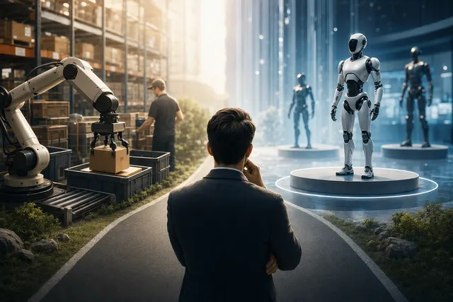Editorial illustration of a purpose-built industrial robot working alongside a human in a semi-structured environment