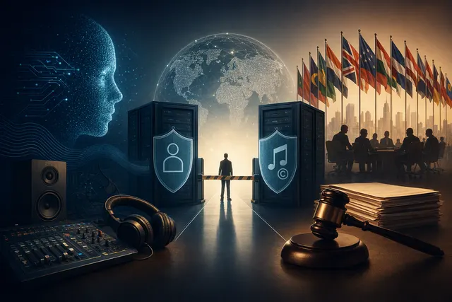 Illustration representing AI-generated music, streaming platforms, and fraud detection