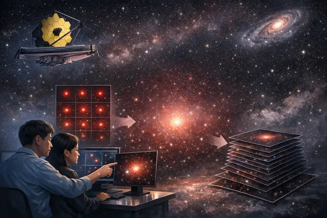 Illustration of a bright compact Little Red Dot surrounded by a faint host galaxy in the early universe