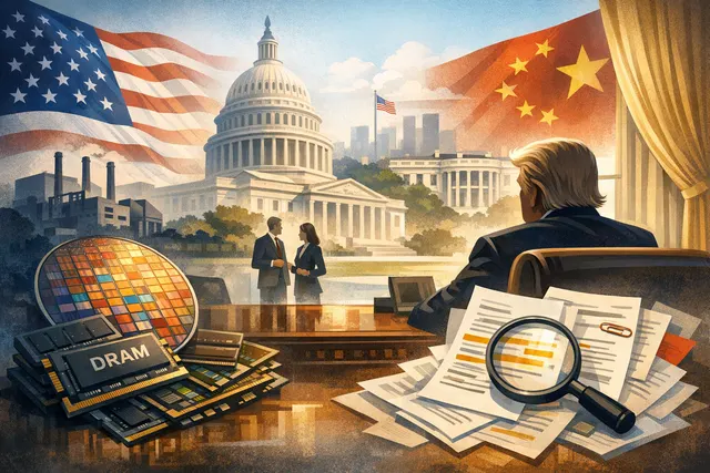 A dramatic visual representing the intersection of Apple, AI-driven memory chip demand, and the US-China semiconductor trade conflict.