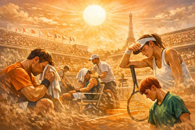 A tennis player collapsing from heat exhaustion on a sun-scorched red clay court at the 2026 French Open, with a scoreboard visible in the background.