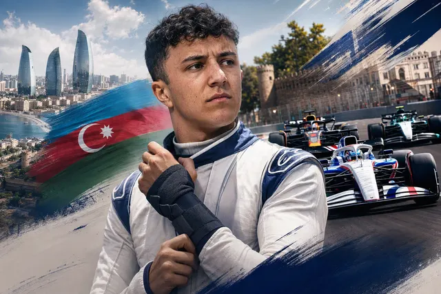 Editorial illustration of Isack Hadjar’s return to Formula 1 at the Azerbaijan Grand Prix