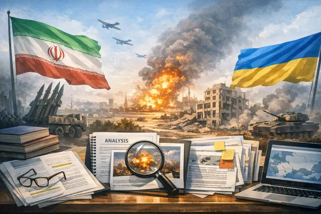 A conceptual image of the Caspian Sea with military silhouettes and geopolitical map overlays representing the Ukraine-Iran conflict convergence.