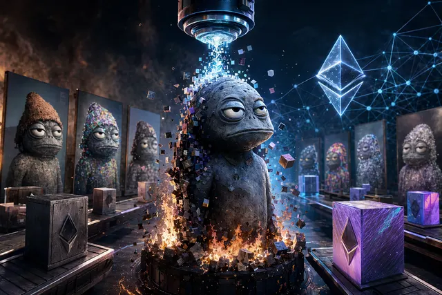 Pixel-art-style NFT characters dissolving into crypto tokens, representing Slonks burn mechanics and SLOP token claims