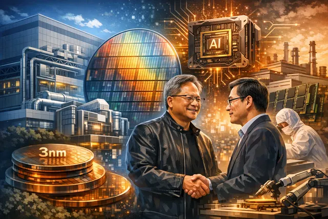 Illustration of the AI semiconductor alliance driving TSMC to a record-high stock price, featuring chip wafers and supply chain connections.