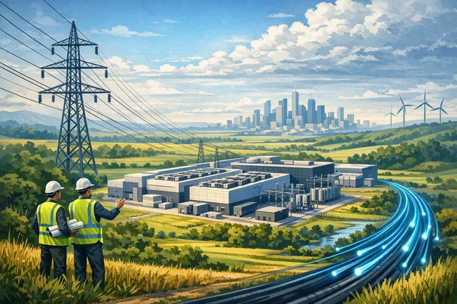 Illustration of a large AI data-centre campus connected to power infrastructure outside a European city