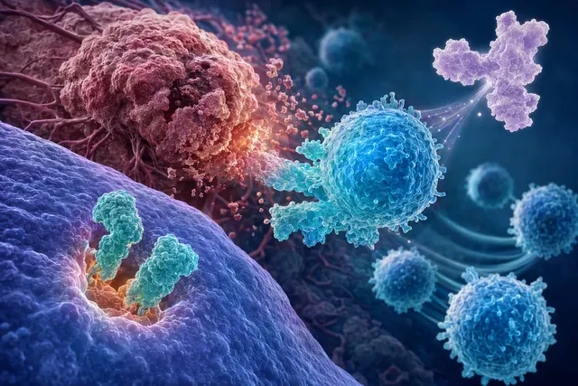 Illustration of pancreatic cancer cells and immune T cells, representing combined RAS inhibition and IL-21-mimetic immunotherapy research.