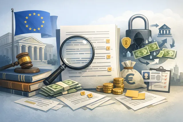 EU AML regulatory framework illustration showing a gavel, digital cryptocurrency symbols, and European Union flag imagery representing the bloc's new anti-money laundering rules fo