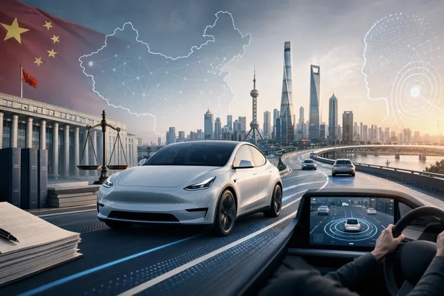 Illustration of Tesla vehicles using FSD Supervised technology in China’s urban traffic environment
