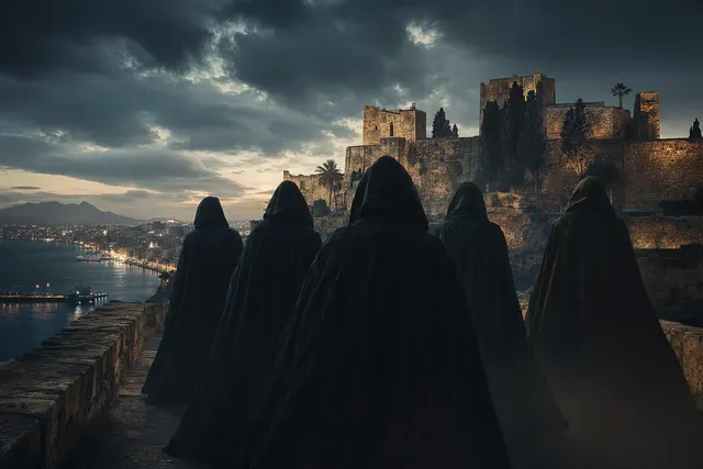 AI-generated editorial illustration for the mystery surrounding the hooded figures in the Avengers: Doomsday Málaga promo