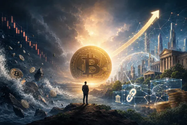 Illustration representing cryptocurrency markets, blockchain networks and a post-liquidation recovery thesis