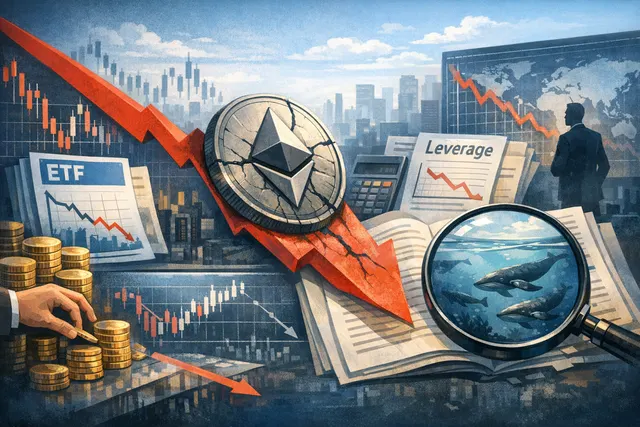 Ethereum price chart showing a sharp decline below $1,650 with annotations for ETF outflows, whale sales, and liquidation levels.