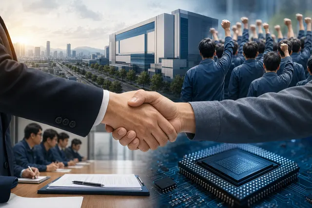 Illustration of Samsung semiconductor workers and profit‑linked bonuses during wage negotiations