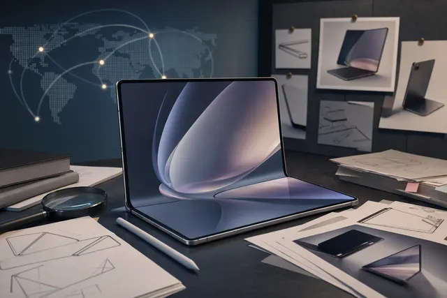 Concept illustration of a large foldable tablet shown open and folded