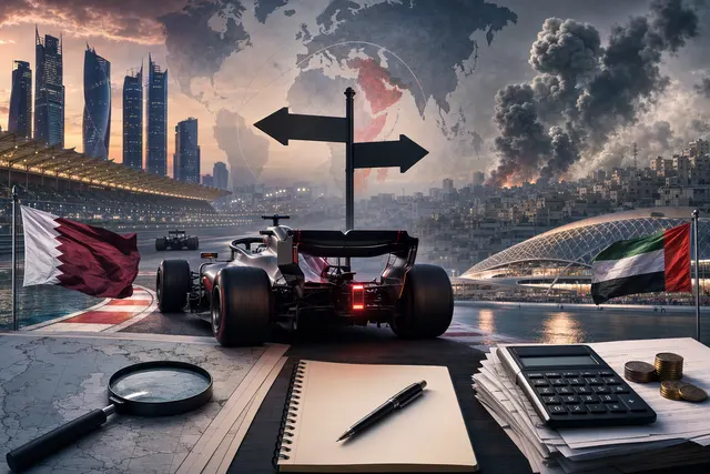 AI-generated editorial illustration about uncertainty over Formula 1’s 2026 season finale.