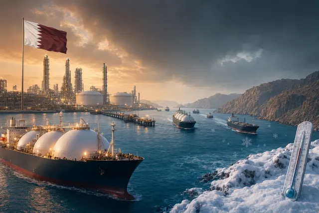 Editorial illustration of an LNG tanker navigating a narrow shipping channel beside industrial gas-export facilities
