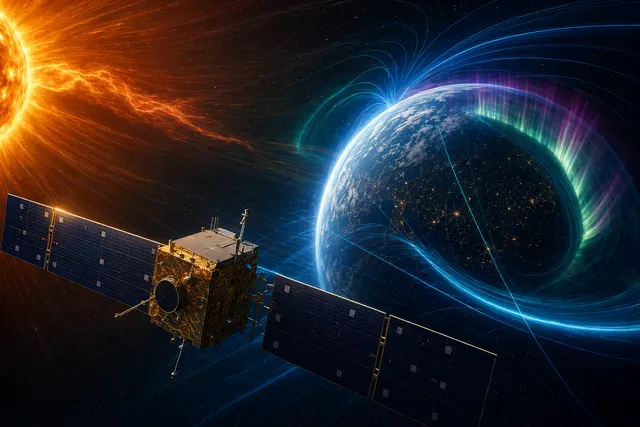 Concept illustration of the SMILE satellite observing Earth’s magnetosphere and solar wind interaction