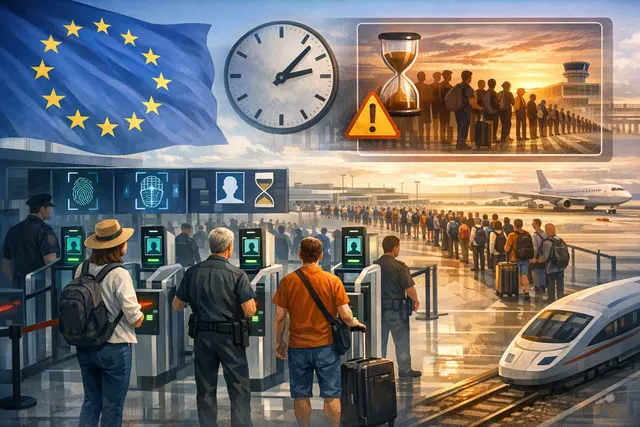 Long queue of travellers at an EU airport border control with biometric kiosks under a sign reading 'Entry/Exit System