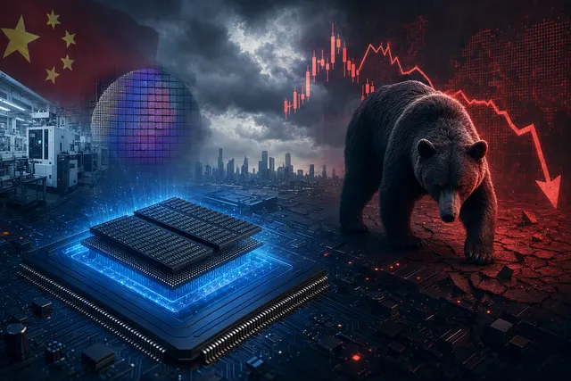 Illustration of a memory chip amid falling market charts