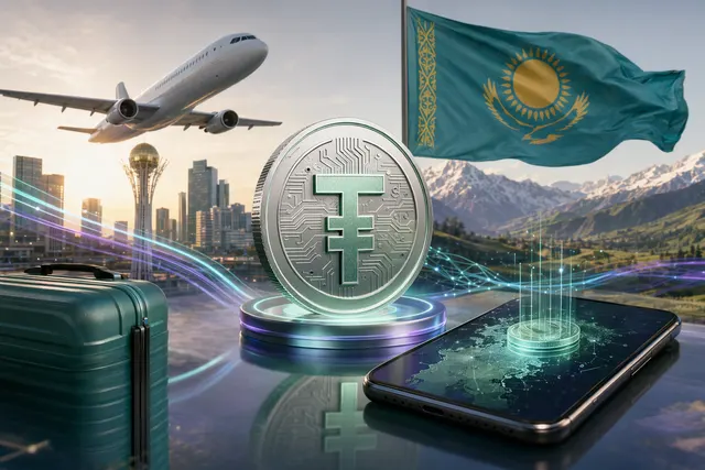 Illustration of a traveler paying for flights and hotels using a blockchain stablecoin linked to the Kazakhstani tenge on the Solana network