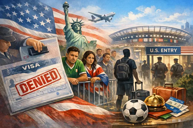 Frustrated international football fans outside a U.S. embassy with denied visa stamps overlaid, illustrating the 2026 World Cup visa crisis.