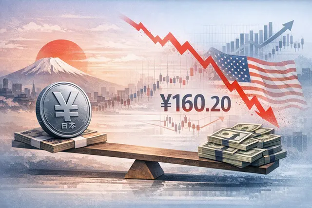 Editorial illustration of the Japanese yen weakening against the U.S. dollar near the ¥160-per-dollar level