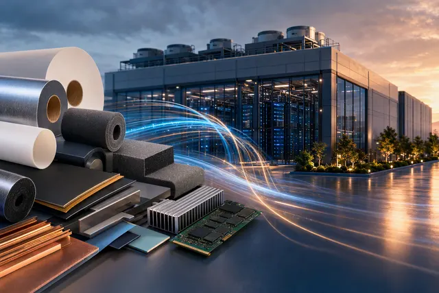 Editorial illustration representing a commercial partnership between 3M and Amazon involving data-center optical connectivity and a share warrant.