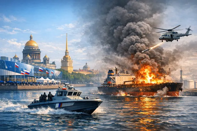 Smoke rises over St. Petersburg port infrastructure on the morning SPIEF 2026 opened, as Ukrainian drone strikes hit the city's oil terminal and a naval base.