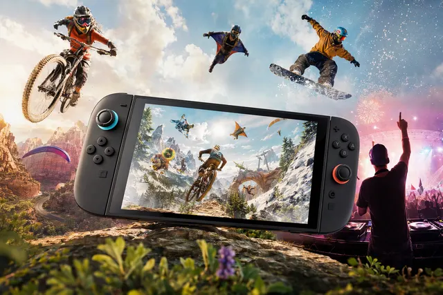 Illustrative editorial artwork for Riders Republic’s Switch 2 release and offline-mode announcement