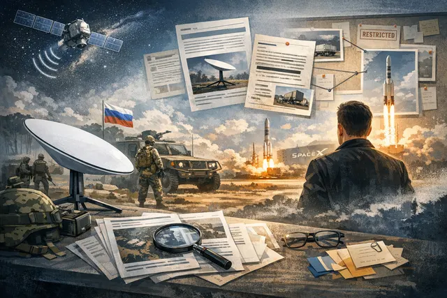 A Starlink terminal against a backdrop of a war-torn landscape, symbolizing its dual use in the Ukraine conflict.