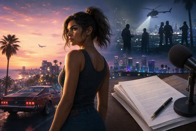Editorial illustration representing Grand Theft Auto VI and questions around its future online multiplayer mode