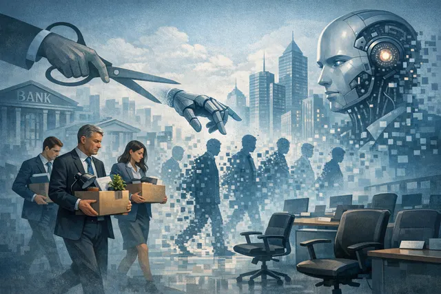 Editorial image of bank building facades dissolving into digital algorithmic patterns, symbolizing AI-driven workforce transformation in banking during 2026.